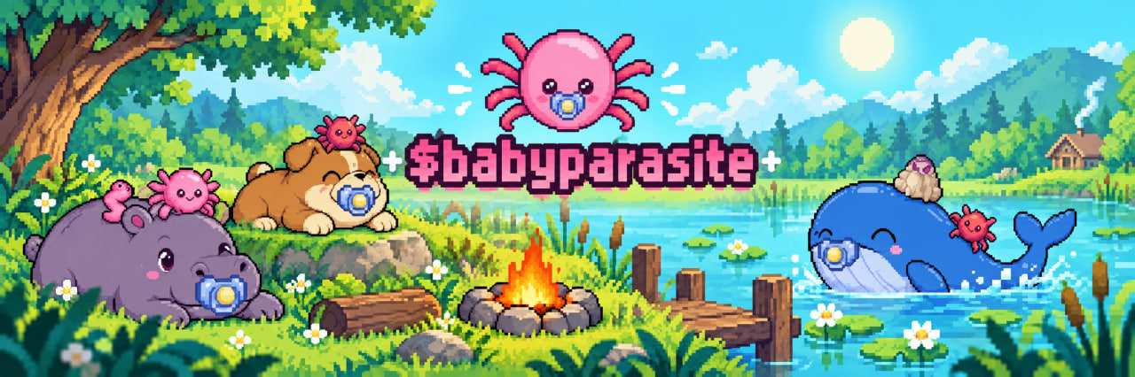 Pixel-art babyparasite nursery by a lake: the pink baby octopus, a hippo, a puppy and a whale with pacifiers.
